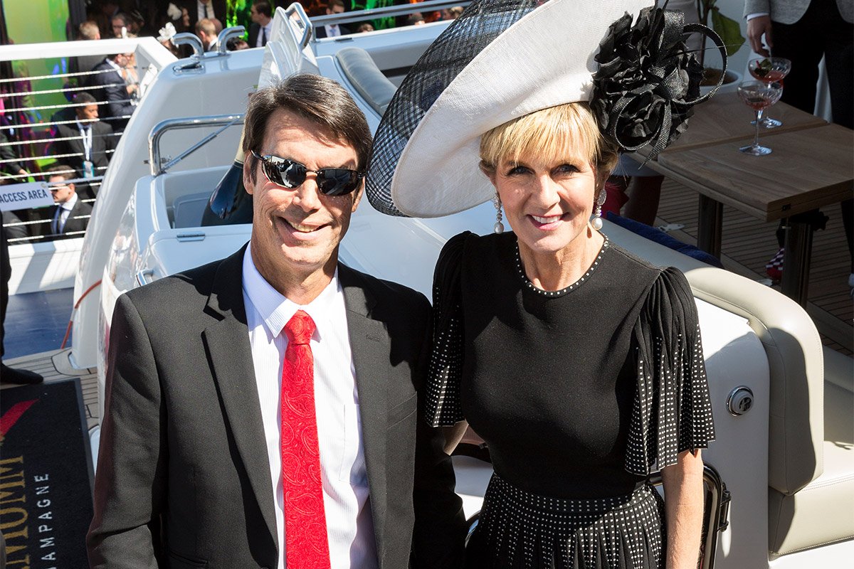 Maritimo CEO with Hon Julie Bishop MP aboard the Maritimo S59 at the Mumm Marquee, Derby Day 2017