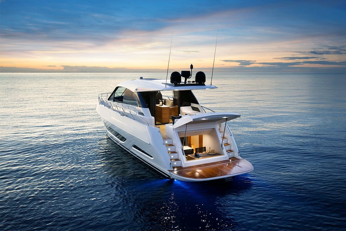 Maritimo X50 sports yacht aft cabin at dusk
